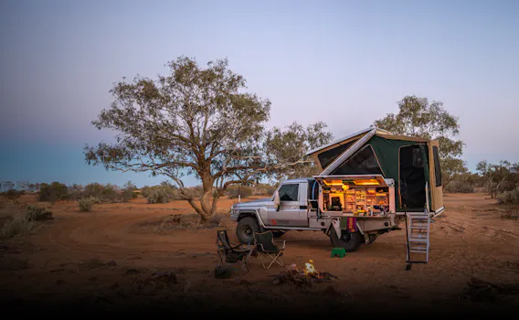 Carry Me Camper setup for the night with kitchen showing